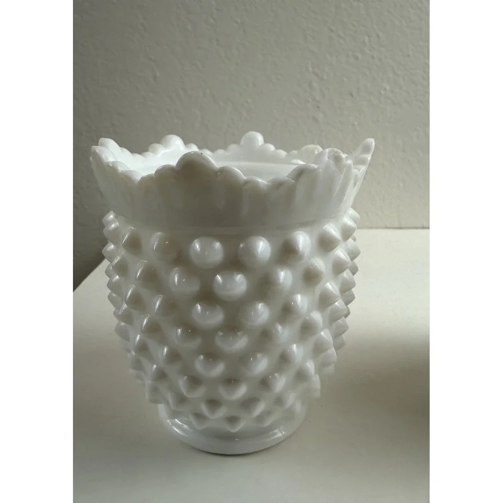 Vintage Fenton English Hobnail Milk Glass Creamer & Sugar Set White Ruffled Edge